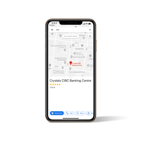 Google Maps on Iphone Screen - Crystals CIBC Banking Centre